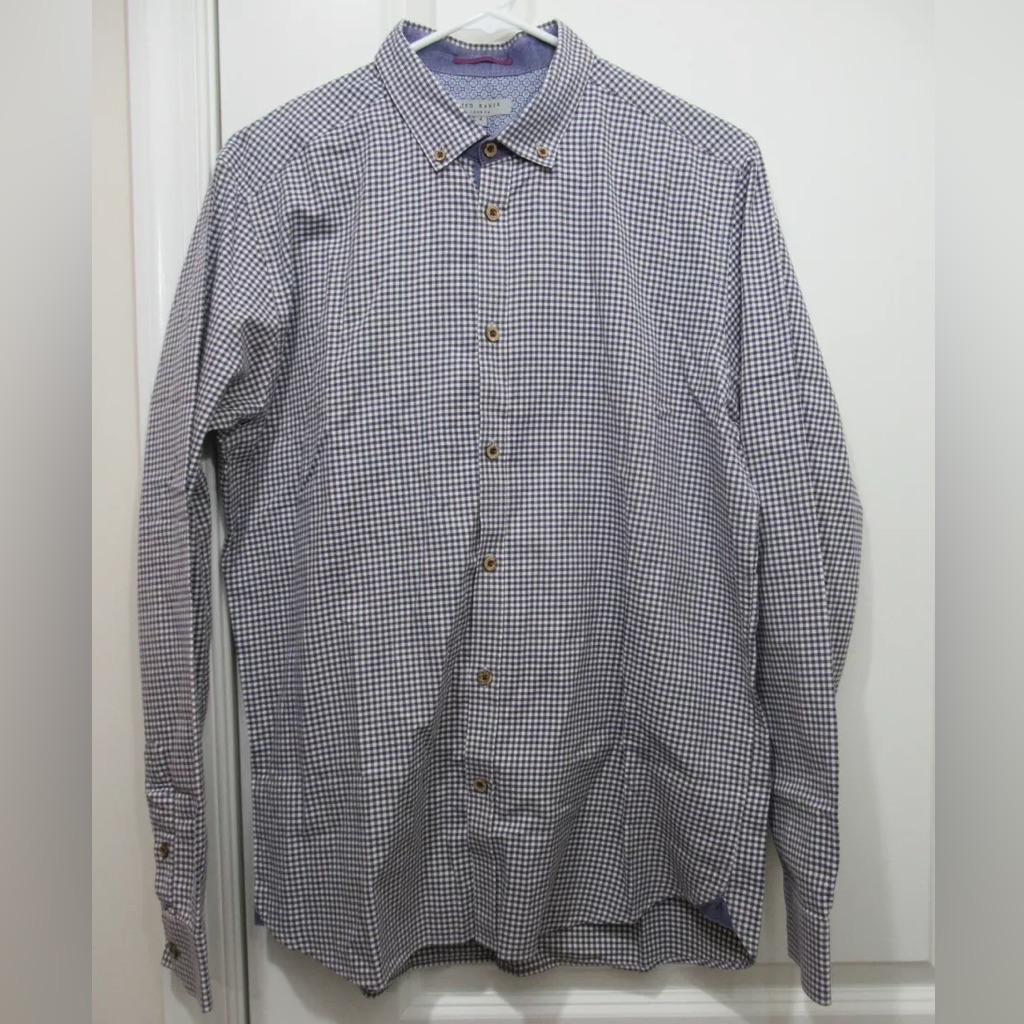 Ted Baker Navy Gingham Button-Up With Denim Colored Cuff. Size Small
